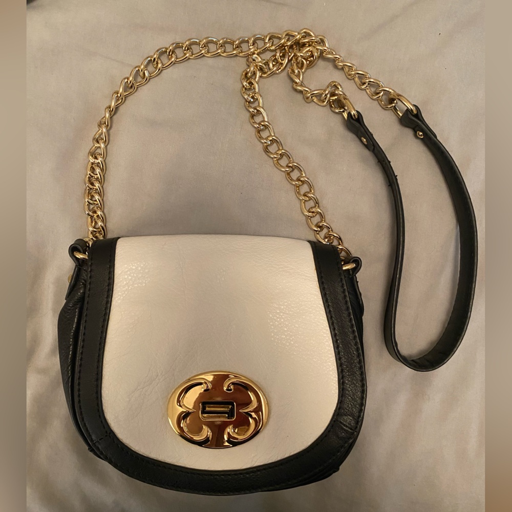 Emma Fox two toned black, white, & gold evening crossbody bag.